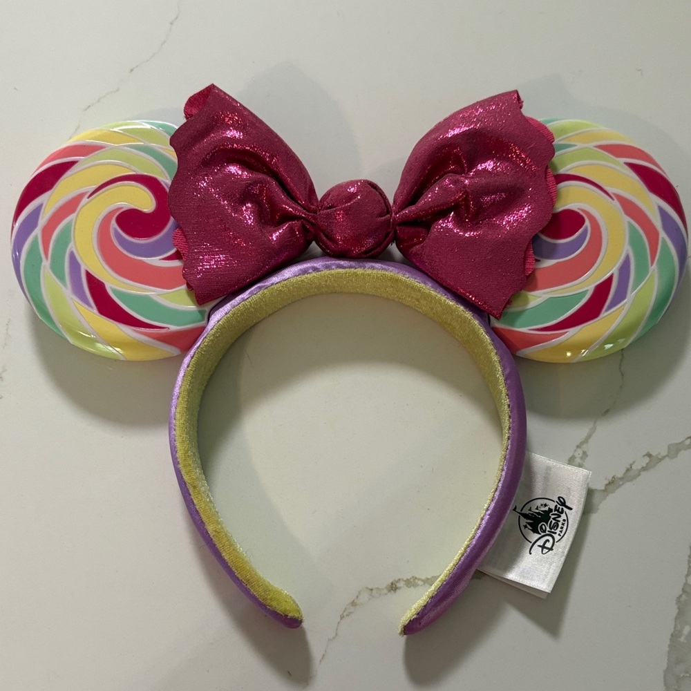 Disney Lollipop Swirl Minnie Ears Headband - Magenta Bow, Pastel Swirls